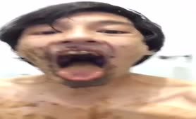 Asian guy masturbating hard with shit
