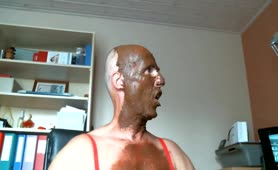 Skinny guy is masturbating with poop